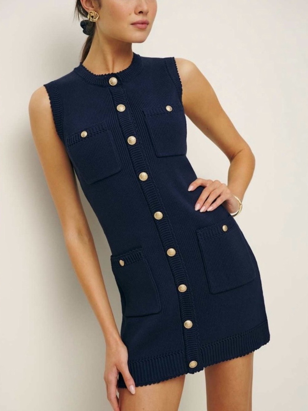 Reformation Catalina Sleeveless Navy Knit Button-Front Pocket Mini Dress - Small